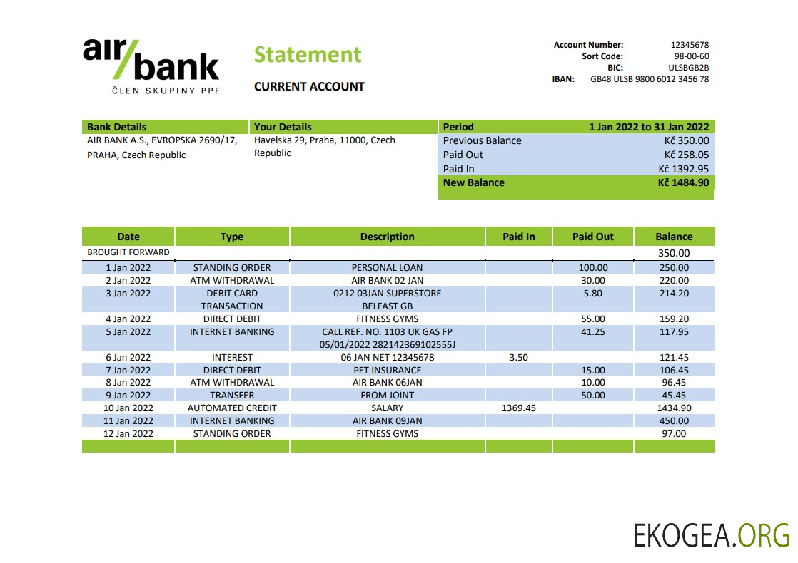 Relevé bancaire de Czechia Air